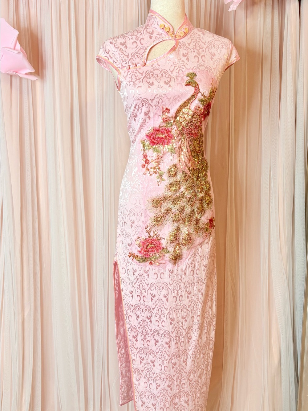 Pink Embroidered Peacock Maxi Cheongsam Dress